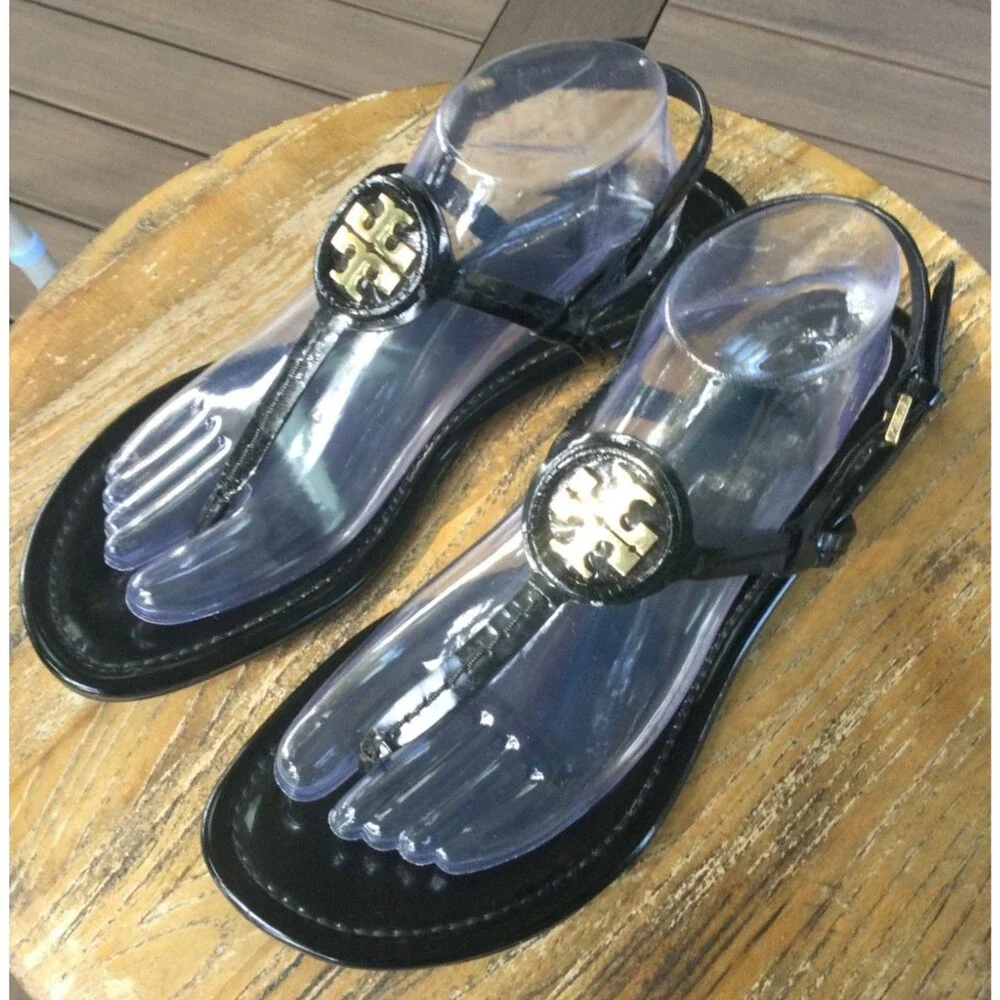 Tory Burch Dillan Black Patent Leather Flat Sandal Womens Size 10.5
